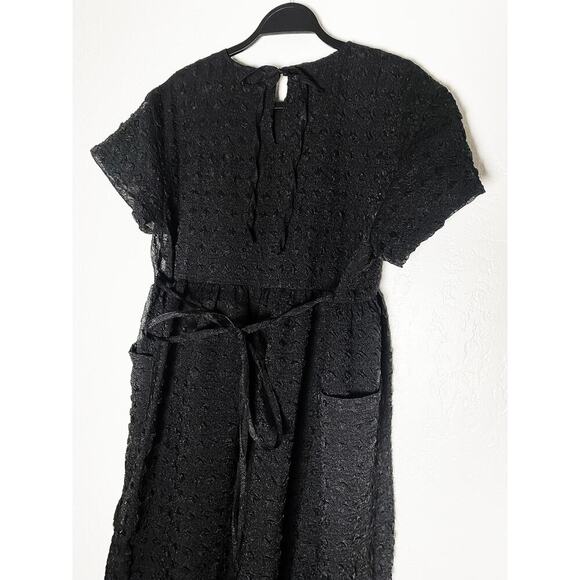 Imakokoni Women's Black Midi Tie Back Layered Textured Dress Pockets Minimalist - Picture 4 of 10